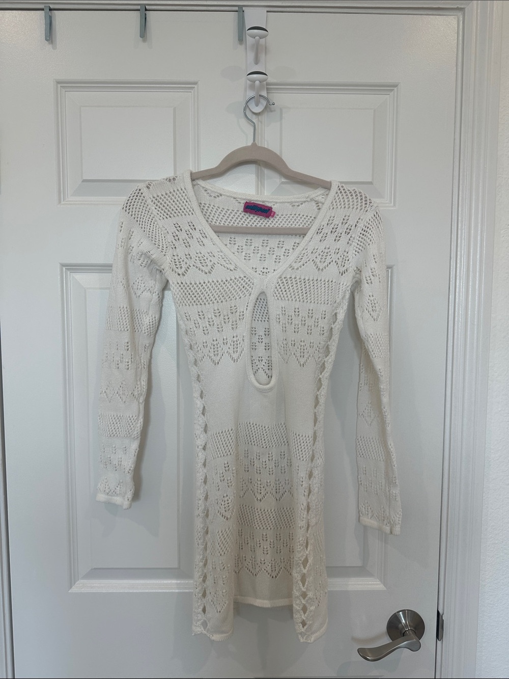 Edikted Cream Long Sleeve Crochet V‑Neck Knit Coverup Dress - Picture 1 of 5